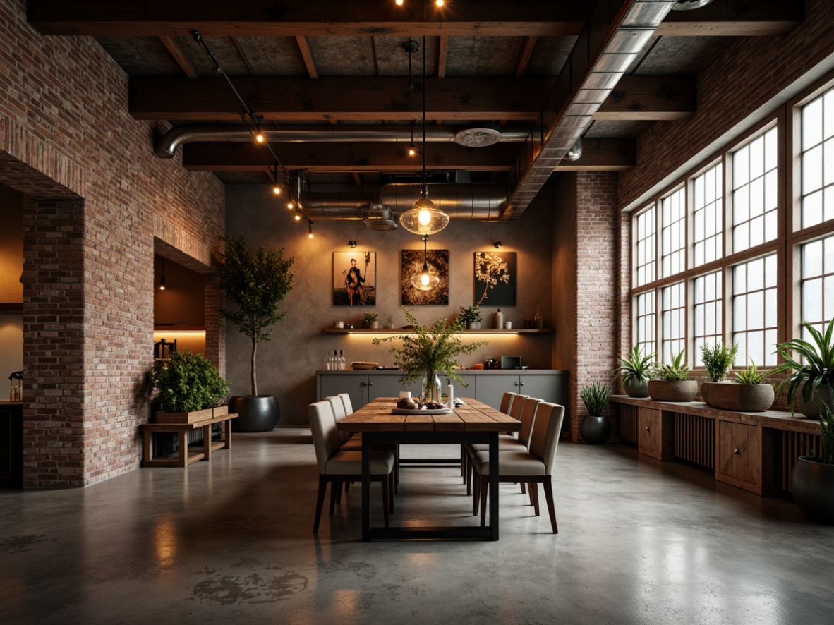 Prompt: Exposed brick walls, metal beams, reclaimed wood accents, industrial-style lighting fixtures, concrete floors, urban loft atmosphere, modern minimalist decor, functional pipes, distressed textures, warm color palette, cozy ambiance, shallow depth of field, 1/1 composition, cinematic lighting, gritty realistic render.