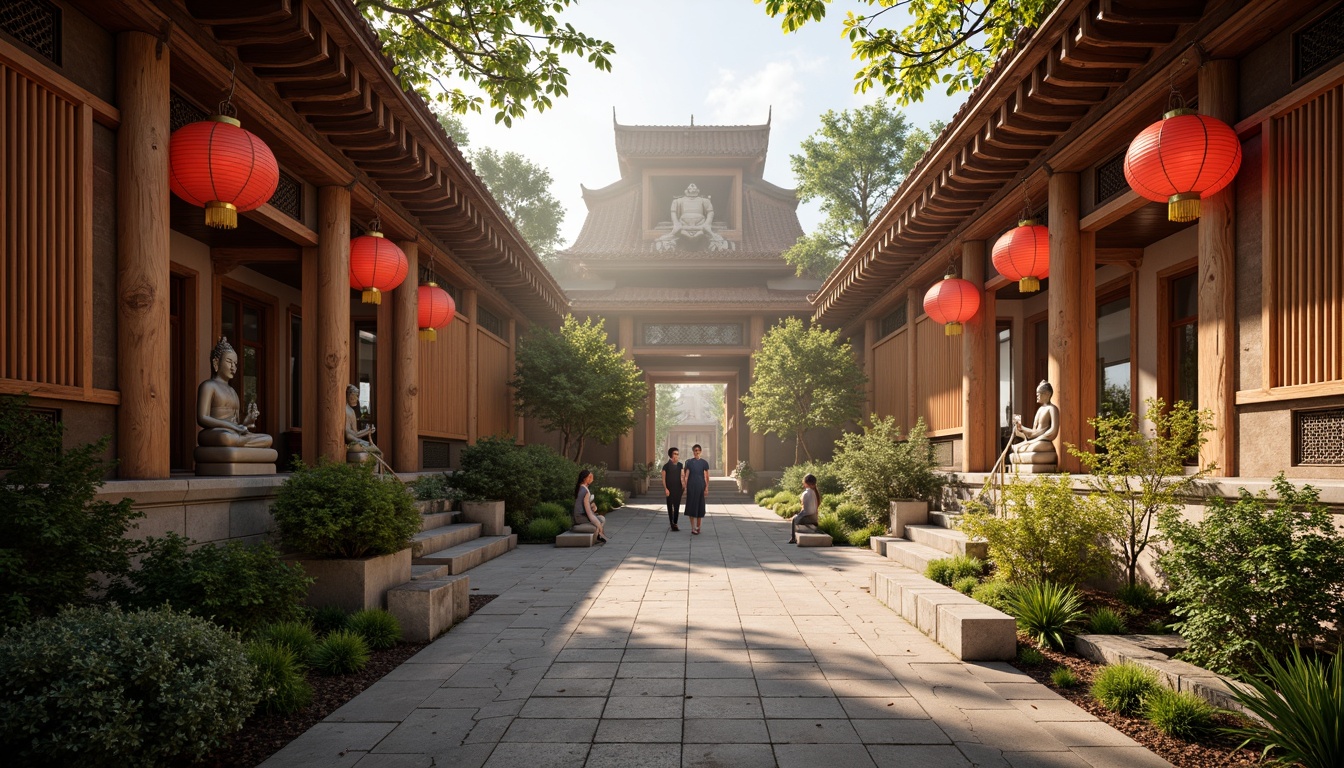 Prompt: Intricate wooden carvings, vibrant red lanterns, soft warm lighting, ornate gold accents, serene Buddha statues, peaceful natural surroundings, lush greenery, majestic stone walls, traditional pagoda architecture, curved tile roofs, subtle misting effects, warm beige tones, gentle diffused light, 1/2 composition, shallow depth of field, realistic textures, ambient occlusion.