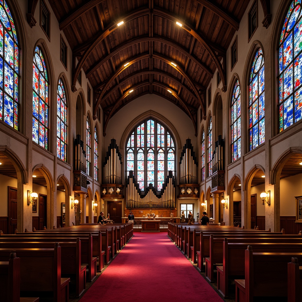 Prompt: Vibrant stained glass windows, intricate medieval patterns, kaleidoscope colors, ornate Gothic arches, grand auditorium interior, elevated ceiling, ribbed vaults, clerestory lights, majestic organ pipes, polished wooden pews, lush red carpeting, dramatic spotlights, warm soft illumination, 1/2 composition, shallow depth of field, realistic glass textures, ambient occlusion.