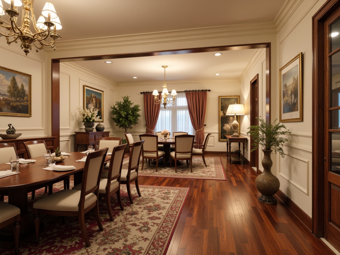 Prompt: Richly stained hardwood floors, dark wood tones, luxurious high-gloss finish, ornate area rugs, elegant furniture legs, classic crown molding, sophisticated chandeliers, soft warm lighting, inviting ambiance, traditional dining settings, formal dinner parties, family gatherings, warm beige walls, creamy white trim, subtle texture contrast, 1/1 composition, realistic reflections, ambient occlusion.