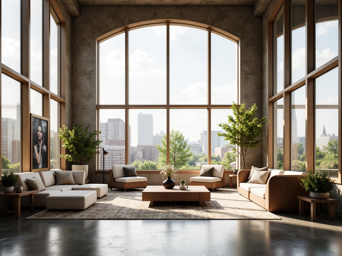 Prompt: Minimalist living room, open floor plan, high ceilings, floor-to-ceiling windows, natural light pouring in, sleek low-profile furniture, polished concrete floors, industrial-chic decor, geometric patterns, modern art pieces, urban loft atmosphere, airy feel, relaxed ambiance, soft warm lighting, shallow depth of field, 3/4 composition, panoramic view, realistic textures, ambient occlusion.