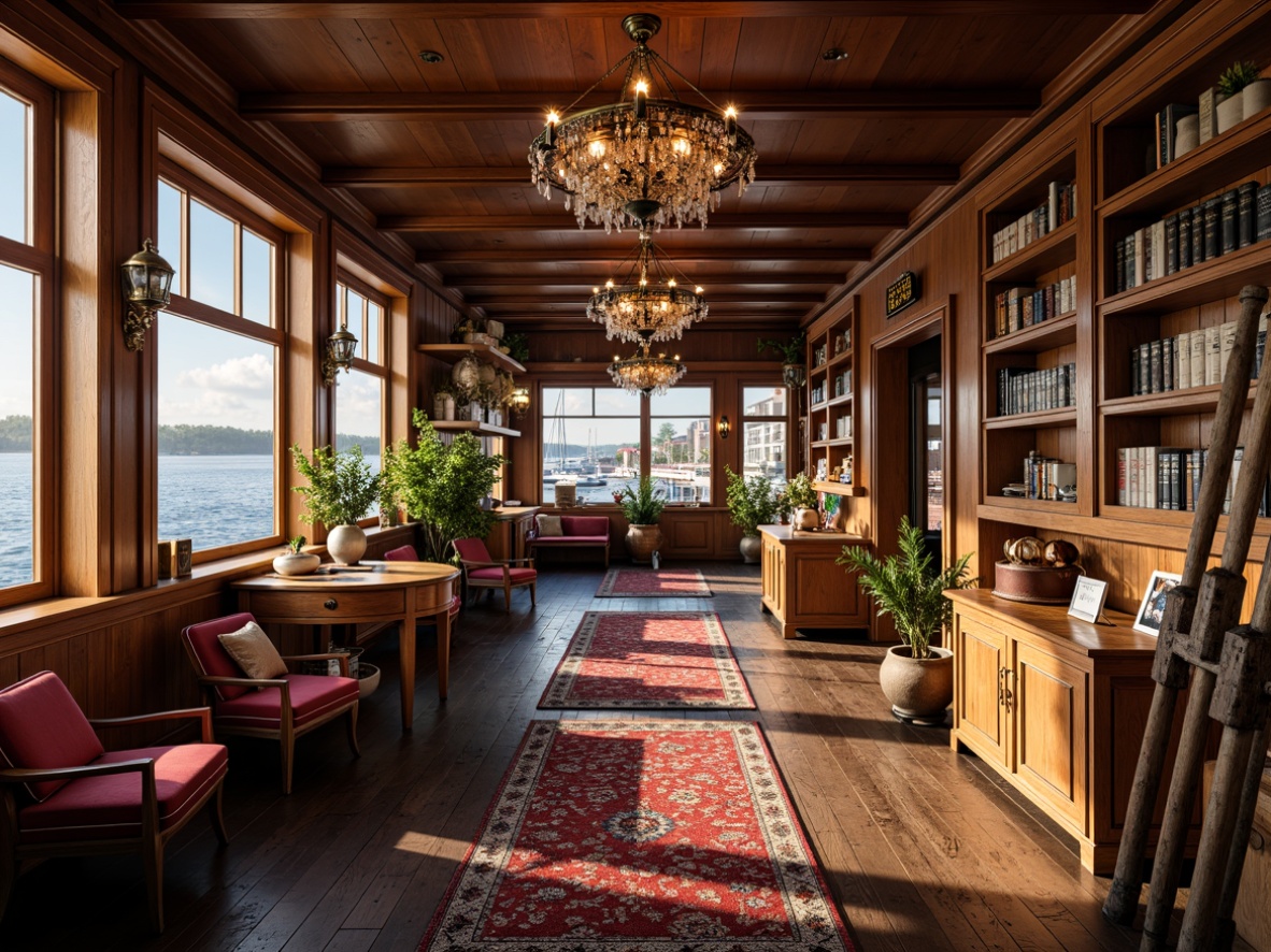 Prompt: Elegant boathouse interior, ornate wooden accents, rich velvet fabrics, antique nautical artifacts, vintage rowing oars, distressed wooden floors, warm golden lighting, crystal chandeliers, brass sconces, pendant lamps, stained glass lanterns, Victorian-era inspired fixtures, rustic metal shades, soft candlelight, cozy reading nooks, plush area rugs, intricately carved wooden paneling, waterfront views, sunny afternoon, gentle lapping water sounds, 1/2 composition, warm color palette, realistic textures, subtle ambient occlusion.