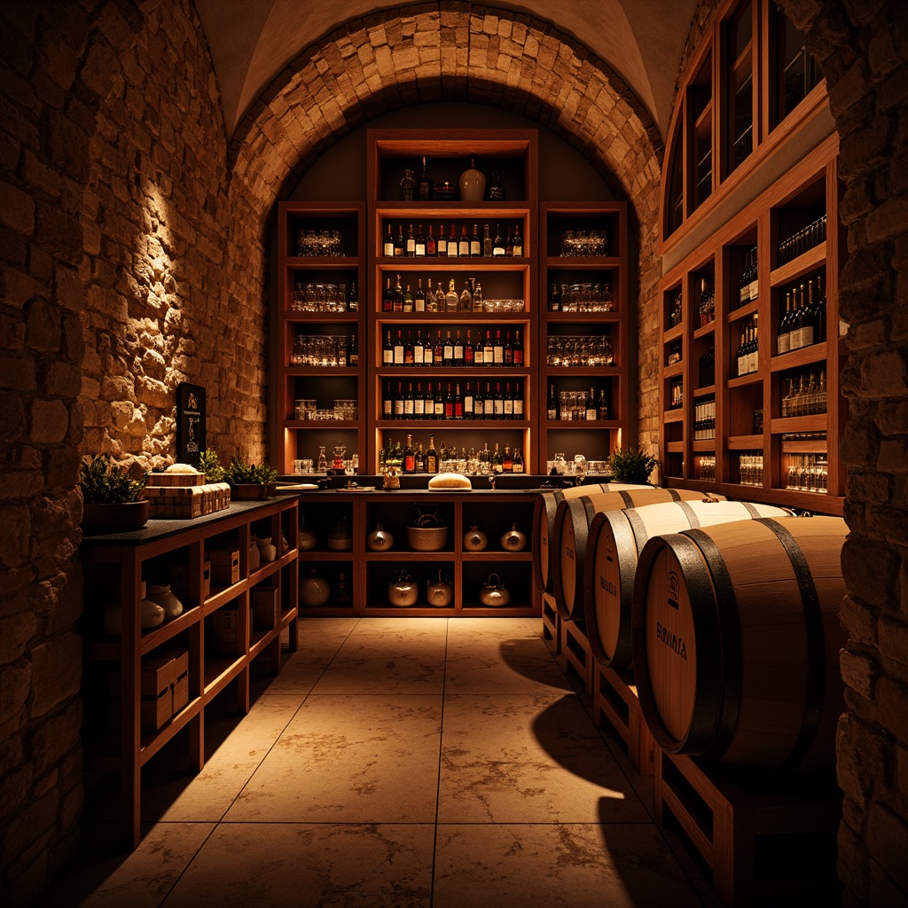 Prompt: Dimly lit wine cellar, rustic stone walls, wooden wine racks, elegant glassware, rich red tones, warm golden lighting, soft shadows, intimate atmosphere, vintage wine barrels, old-world charm, earthy aromas, refined textures, dramatic archways, luxurious velvet drapes, subtle misting effects, 1/1 composition, shallow depth of field, romantic ambiance.