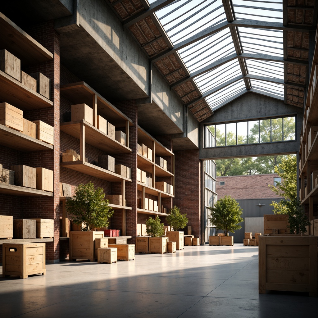 Prompt: Industrial distribution center, wooden crates, rustic accents, exposed brick walls, metal beams, polished concrete floors, natural light pouring in through large skylights, modern minimalist decor, reclaimed wood shelving units, earthy color palette, warm ambient lighting, shallow depth of field, 1/1 composition, realistic textures, soft focus effect, cozy atmosphere.