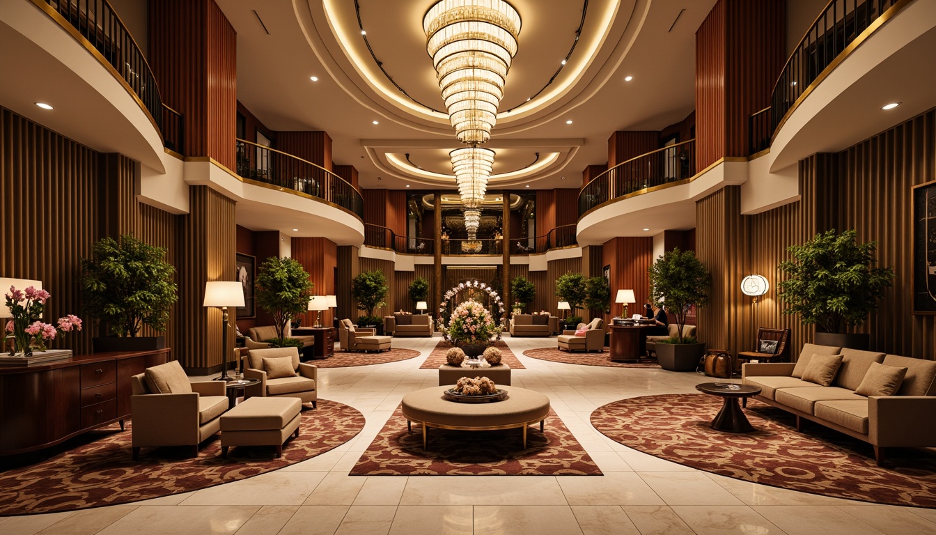 Prompt: Luxurious hotel lobby, opulent chandeliers, rich velvet drapes, curved bronze railings, geometric patterned carpets, sleek chrome accents, ornate mirrors, lavish flower arrangements, comfortable sofas, tufted armchairs, low coffee tables, rounded desks, elegant lamps, polished marble floors, intricate wood paneling, warm golden lighting, soft focus photography, 1/1 composition, symmetrical framing, rich textures, subtle depth of field.