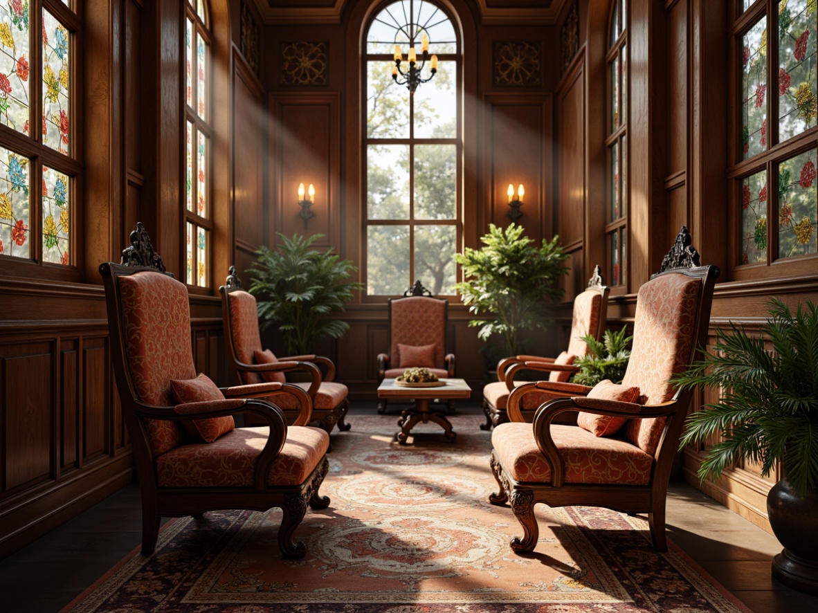 Prompt: Ornate wooden armchairs, flowing curved lines, organic shapes, botanical patterns, stained glass windows, luxurious velvet upholstery, intricate carvings, ornamental metalwork, sinuous legs, floral motifs, soft warm lighting, 1/1 composition, shallow depth of field, realistic textures, ambient occlusion, Art Nouveau-inspired architecture, grand high ceilings, opulent chandeliers, lavish textiles, richly polished wood, elegant curved silhouettes.