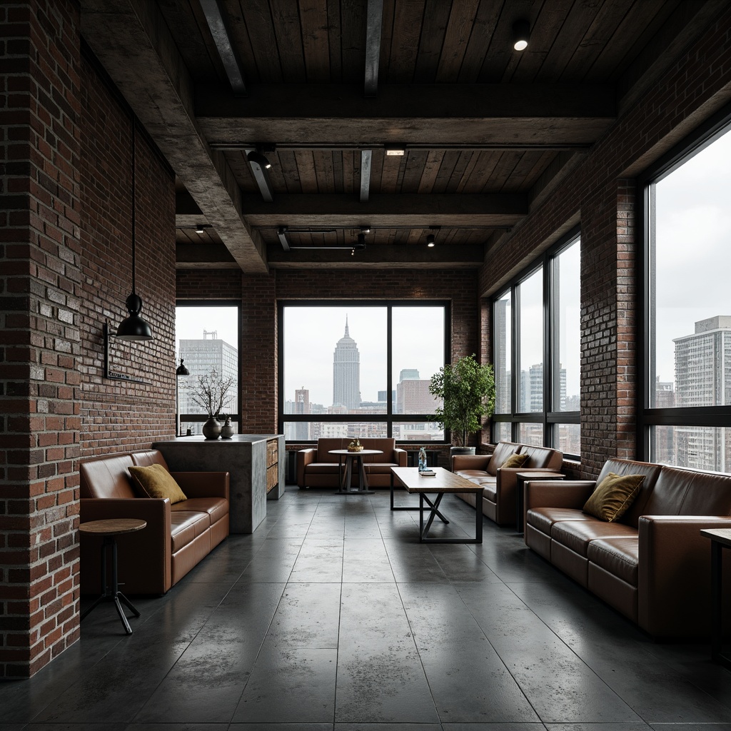 Prompt: Exposed brick walls, metallic beams, reclaimed wood accents, polished concrete floors, industrial-style lighting fixtures, minimalist decor, urban cityscape views, overcast skies, dramatic shadows, high-contrast monochromatic color scheme, 1/1 composition, low-angle shot, cinematic atmosphere, gritty textures, ambient occlusion.