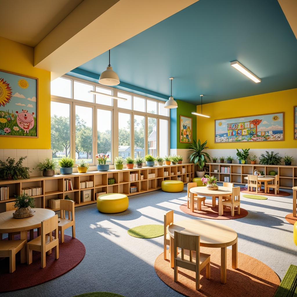 Prompt: Vibrant kindergarten interior, playful color accents, whimsical murals, educational posters, wooden tables, tiny chairs, soft carpet flooring, natural light pouring in, warm atmosphere, cozy reading nooks, interactive display shelves, fun geometric shapes, bright yellow walls, sky blue ceilings, greenery planters, circular rugs, kid-friendly furniture, stimulating textures, cheerful ambient lighting, shallow depth of field, 1/1 composition, realistic renderings.