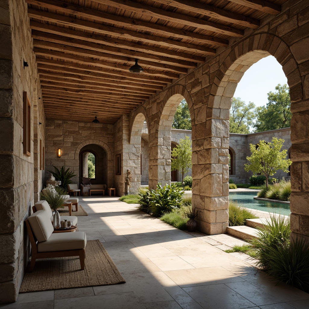 Prompt: Rustic monastery, stone walls, wooden beams, earthy tones, natural materials, recycled wood, reclaimed stones, minimalist decor, spiritual ambiance, serene courtyard, lush greenery, walking paths, tranquil water features, soft warm lighting, shallow depth of field, 3/4 composition, realistic textures, ambient occlusion.