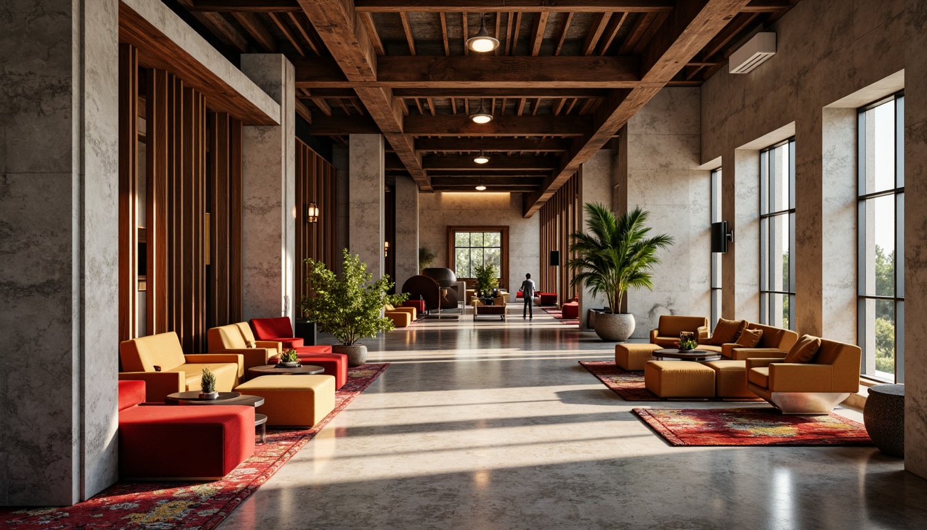 Prompt: Luxurious interior, rich wood accents, smooth marble floors, velvety sofas, metallic lighting fixtures, industrial concrete walls, reclaimed wood ceilings, vibrant colorful rugs, natural stone columns, sleek glass partitions, minimalist decor, warm ambient lighting, shallow depth of field, 1/1 composition, realistic textures, ambient occlusion.