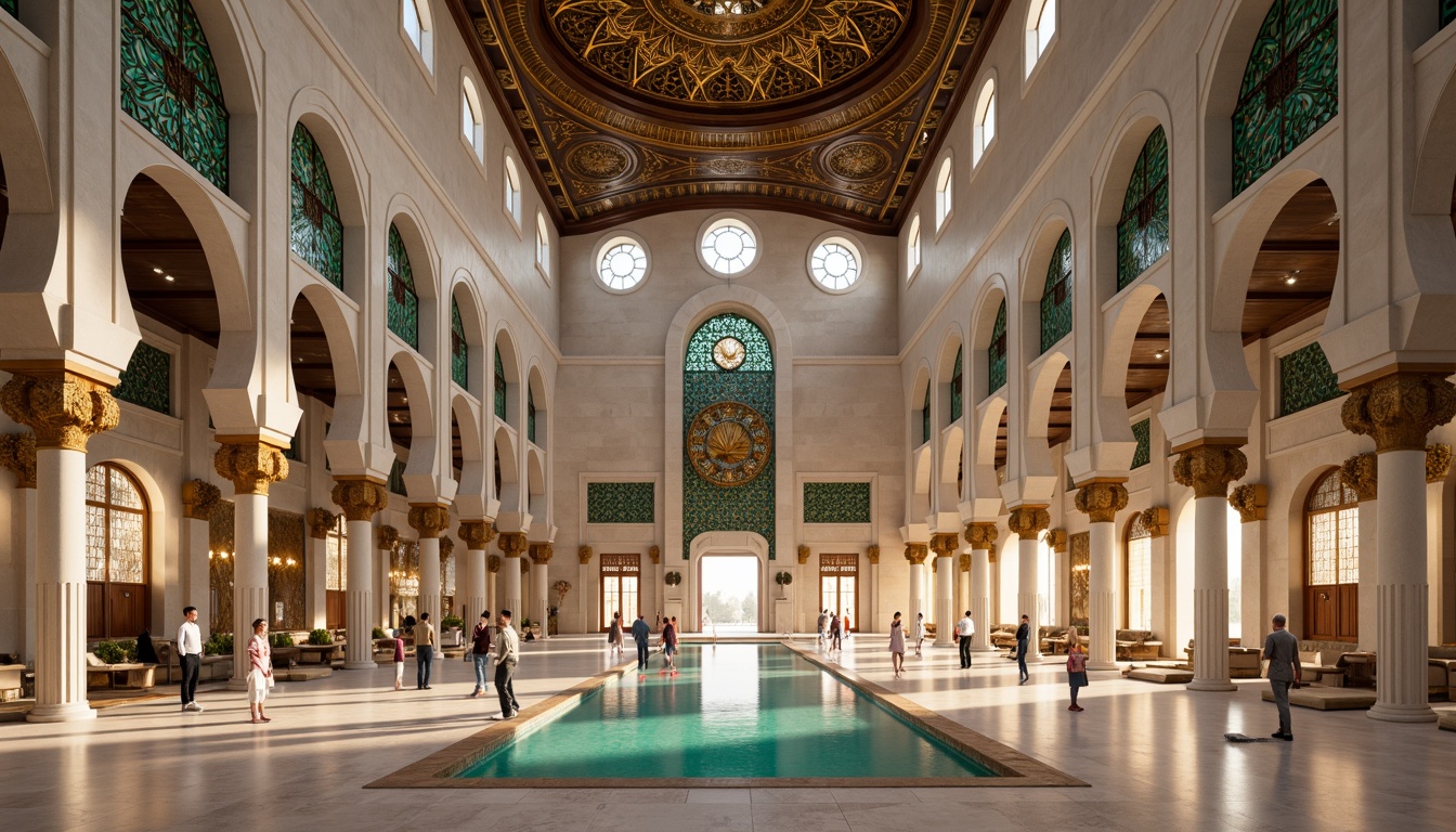 Prompt: Grand mosque, intricately patterned arches, symmetrical domes, golden accents, ornate minarets, sacred geometric shapes, lavish chandeliers, elegant marble floors, serene prayer halls, soft warm lighting, shallow depth of field, 1/1 composition, central axis symmetry, classical architectural elements, ornate columns, carved wooden doors, stained glass windows, vibrant turquoise mosaics, peaceful ambiance, spiritual atmosphere.