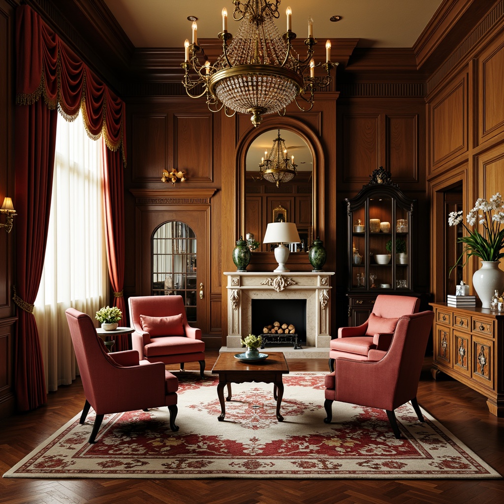 Prompt: Richly upholstered armchairs, intricately carved wooden tables, ornate crystal chandeliers, lavish velvet drapes, antique vases, polished walnut flooring, elegant crown molding, sophisticated wall sconces, plush area rugs, refined China cabinets, classic wingback chairs, sophisticated sideboards, distressed leather sofas, rustic stone fireplaces, warm golden lighting, shallow depth of field, 1/1 composition, realistic textures.