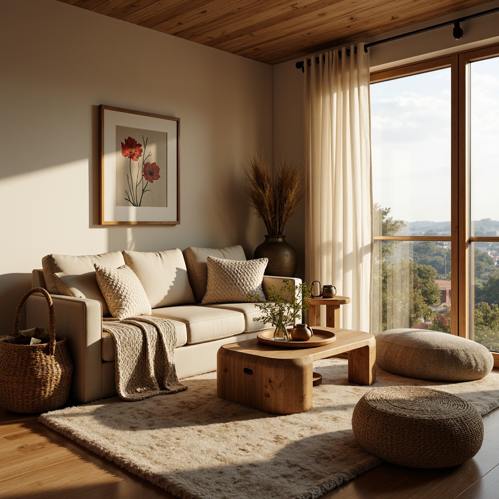 Prompt: Cozy living room, plush area rug, warm beige walls, comfortable couch, oversized pillows, soft blankets, woven baskets, natural wood coffee table, floor-to-ceiling windows, sheer white curtains, warm golden lighting, 1/1 composition, shallow depth of field, realistic textures, ambient occlusion, vintage-inspired fabrics, cable-knit throws, Sherpa-lined blankets, chunky wool rugs, earthy color palette, organic patterns, subtle geometric motifs.