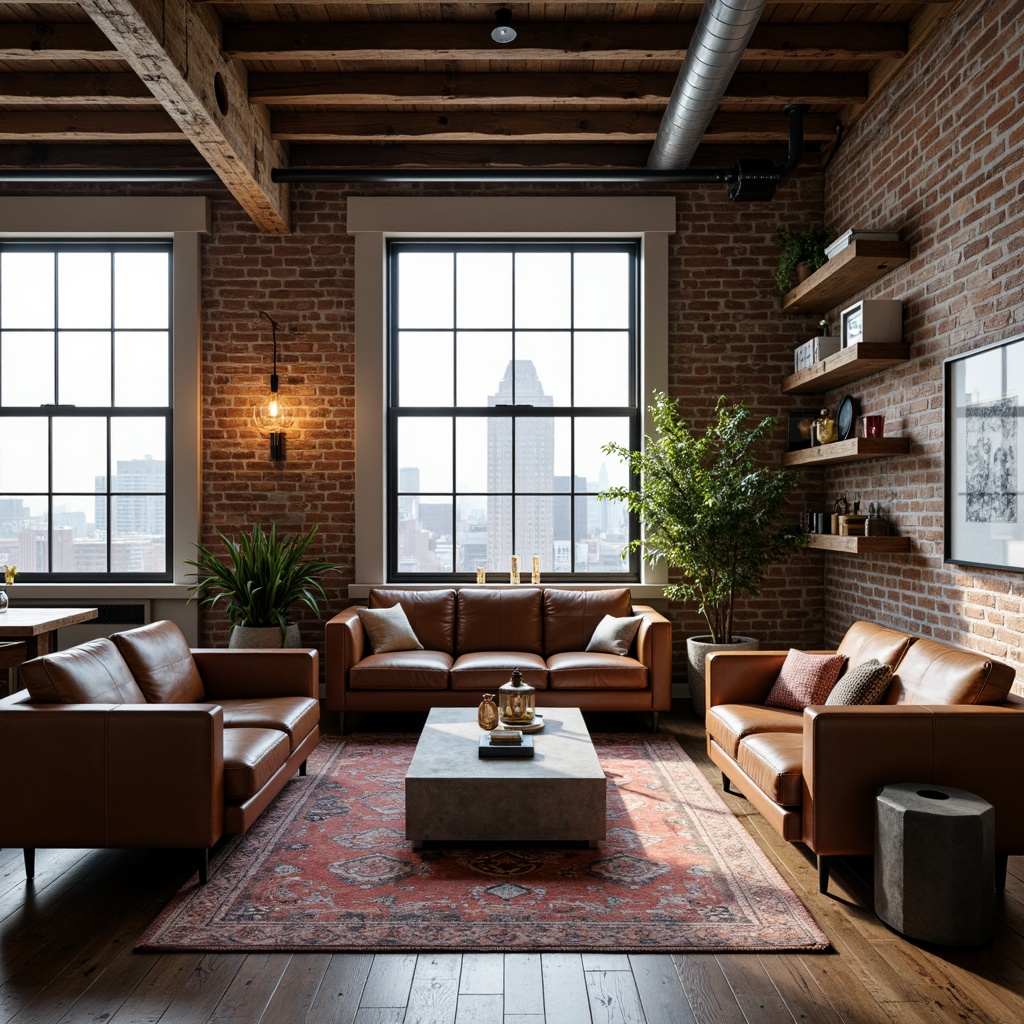 Prompt: Exposed brick walls, metal beams, reclaimed wood flooring, distressed leather sofas, vintage industrial lighting, Edison bulbs, concrete coffee tables, steel side tables, rustic wooden shelves, minimalist decor, urban loft atmosphere, natural light pouring in through large windows, cityscape views, modern art pieces, geometric patterned rugs, rich brown color schemes, warm ambient lighting, shallow depth of field, 3/4 composition, realistic textures.