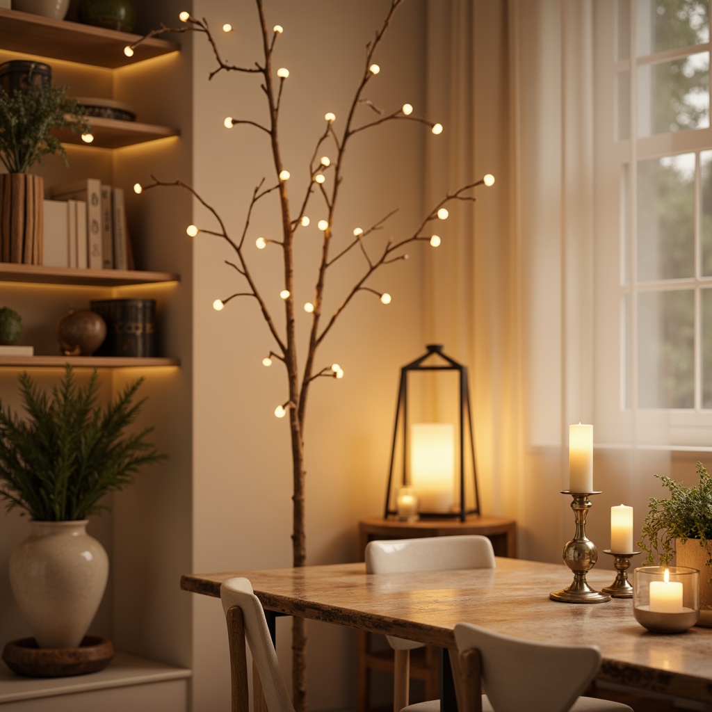 Prompt: Soft warm glow, warm beige tones, delicate string lights, candles in mercury glass holders, floor lamps with sculptural shapes, pendant lights with frosted shades, subtle LED strips, warm wooden accents, creamy marble textures, reflective metallic surfaces, misty atmospheric effects, shallow depth of field, 1/1 composition, realistic renderings, ambient occlusion, morning light, gentle shadows.