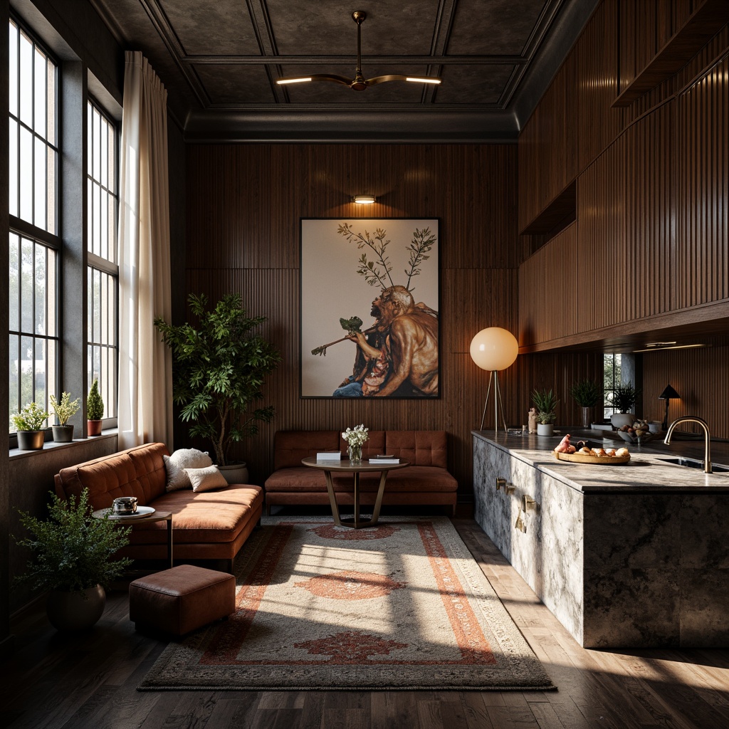 Prompt: Luxurious interior space, richly textured finishes, unique aesthetic, statement walls, bold geometric patterns, metallic accents, soft warm lighting, plush furnishings, velvet drapes, marble countertops, reclaimed wood flooring, industrial chic decor, urban loft atmosphere, moody color palette, atmospheric misting, dramatic shadows, 1/1 composition, cinematic camera angle.