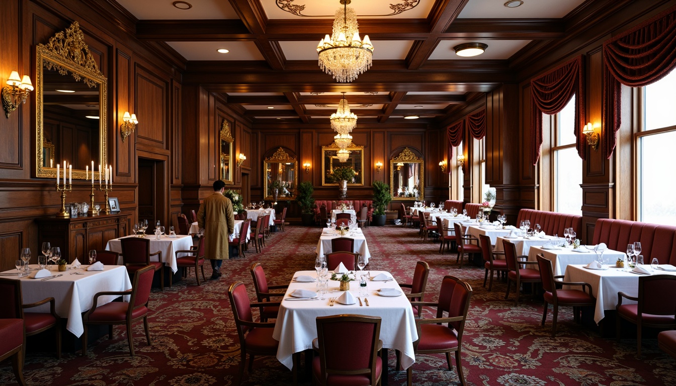 Prompt: Luxurious traditional dining hall, ornate wooden furniture, intricately carved chairs, velvet upholstery, golden accents, crystal chandeliers, richly patterned rugs, solid wood tables, comfortable cushioned benches, decorative mirrors, elegant candelabras, subtle warm lighting, shallow depth of field, 1/1 composition, realistic textures, ambient occlusion.