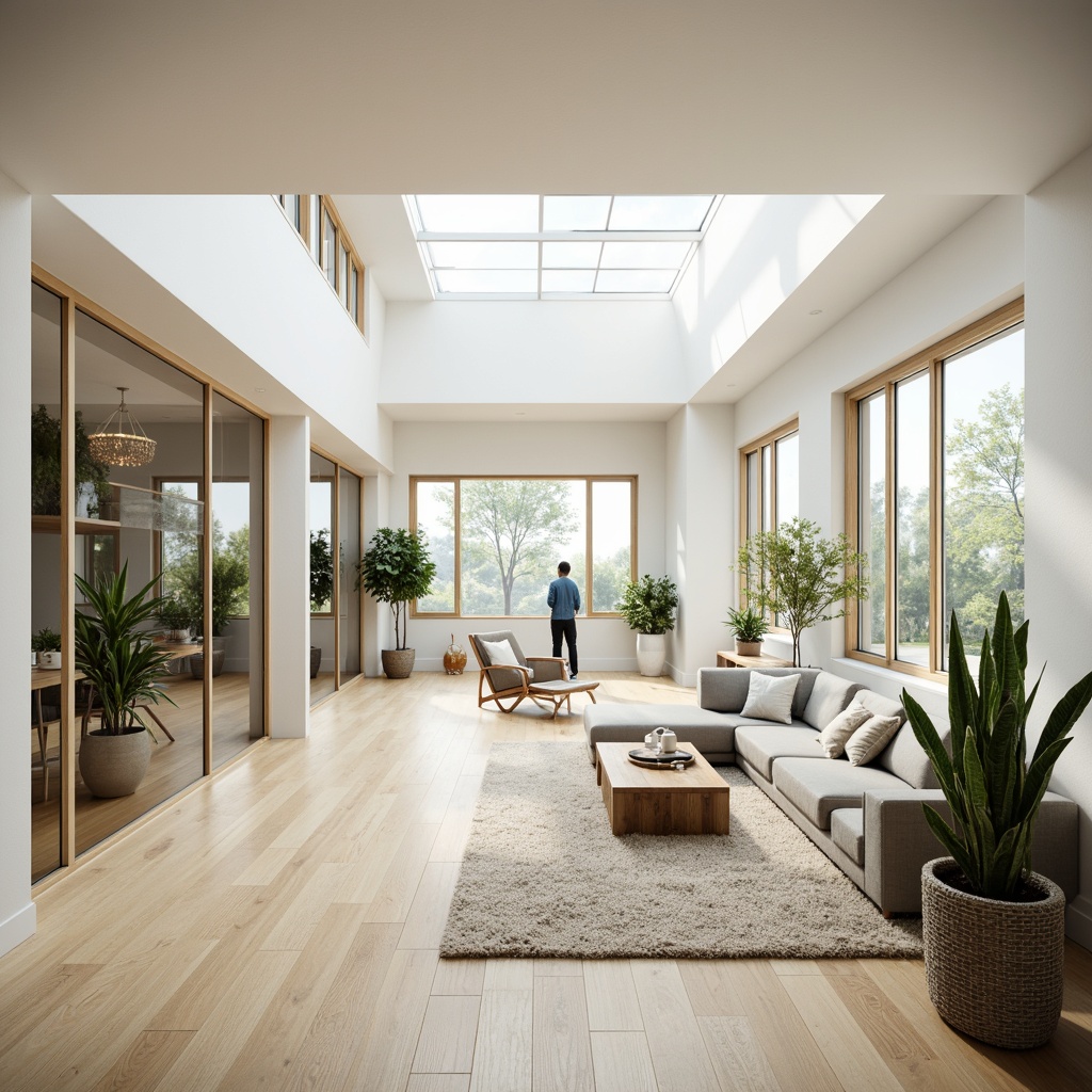 Prompt: Bright airy interior, large windows, sliding glass doors, clerestory windows, skylights, light wells, reflective surfaces, minimal obstructions, open floor plan, high ceilings, pure white walls, polished wooden floors, greenery, potted plants, natural textiles, soft warm lighting, 1/1 composition, shallow depth of field, realistic textures, ambient occlusion.