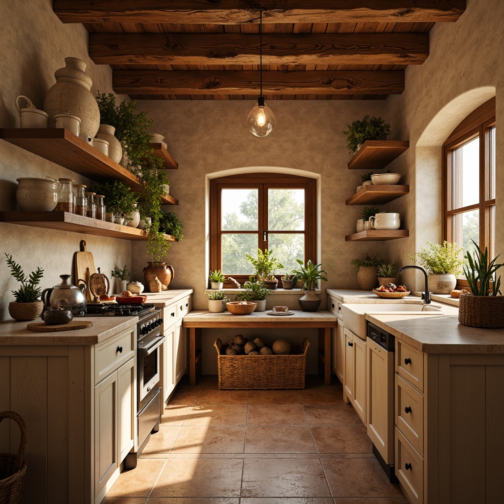 Prompt: Cozy pantry, warm beige tones, rich wood accents, soft golden lighting, natural stone countertops, earthy terracotta floors, rustic metal shelving, vintage ceramic jars, woven baskets, distressed finishes, classic country style, inviting atmosphere, 1/1 composition, shallow depth of field, realistic textures.