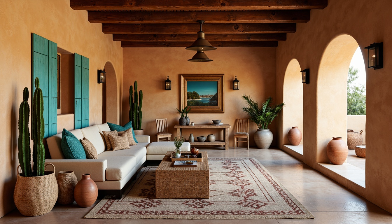 Prompt: Southwestern interior, warm earthy tones, adobe-inspired walls, rustic wooden beams, vibrant turquoise accents, geometric patterned rugs, woven baskets, natural fiber textiles, plush furnishings, clay pottery vases, cactus-shaped decorative pieces, Spanish-style tiles, arched doorways, wrought iron lighting fixtures, cozy reading nooks, soft warm lighting, shallow depth of field, 3/4 composition, realistic textures, ambient occlusion.