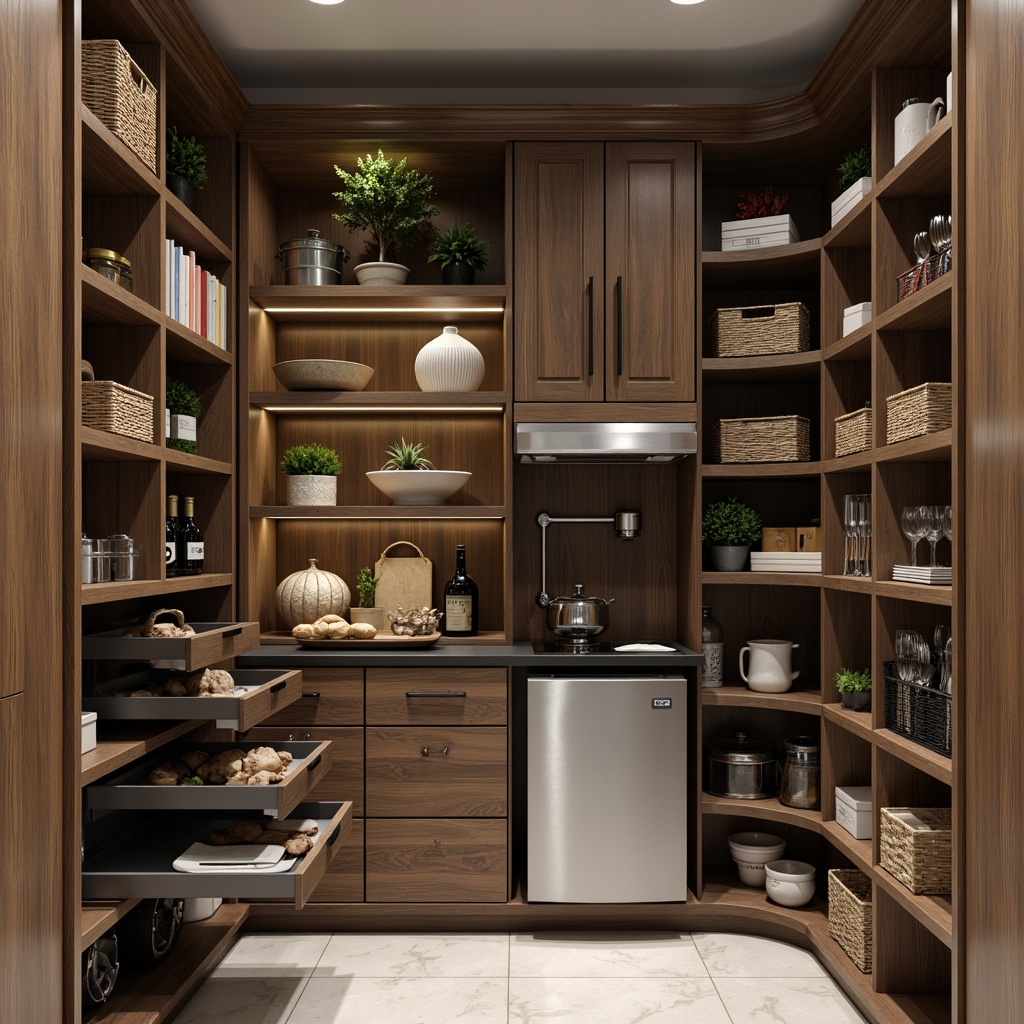 Prompt: Modern pantry, sleek cabinetry, push-to-open drawers, soft-close mechanisms, matte black handles, polished chrome accents, LED lighting, ambient glow, warm wood tones, minimalist shelving, modular storage units, adjustable compartments, baskets and bins, spice racks, utensil organizers, corner carousels, pull-out trash cans, recycling centers, smart appliance integration, touchless sensors, automated inventory management, high-gloss finishes, premium materials, optimized layouts, 1/1 composition, softbox lighting, shallow depth of field.