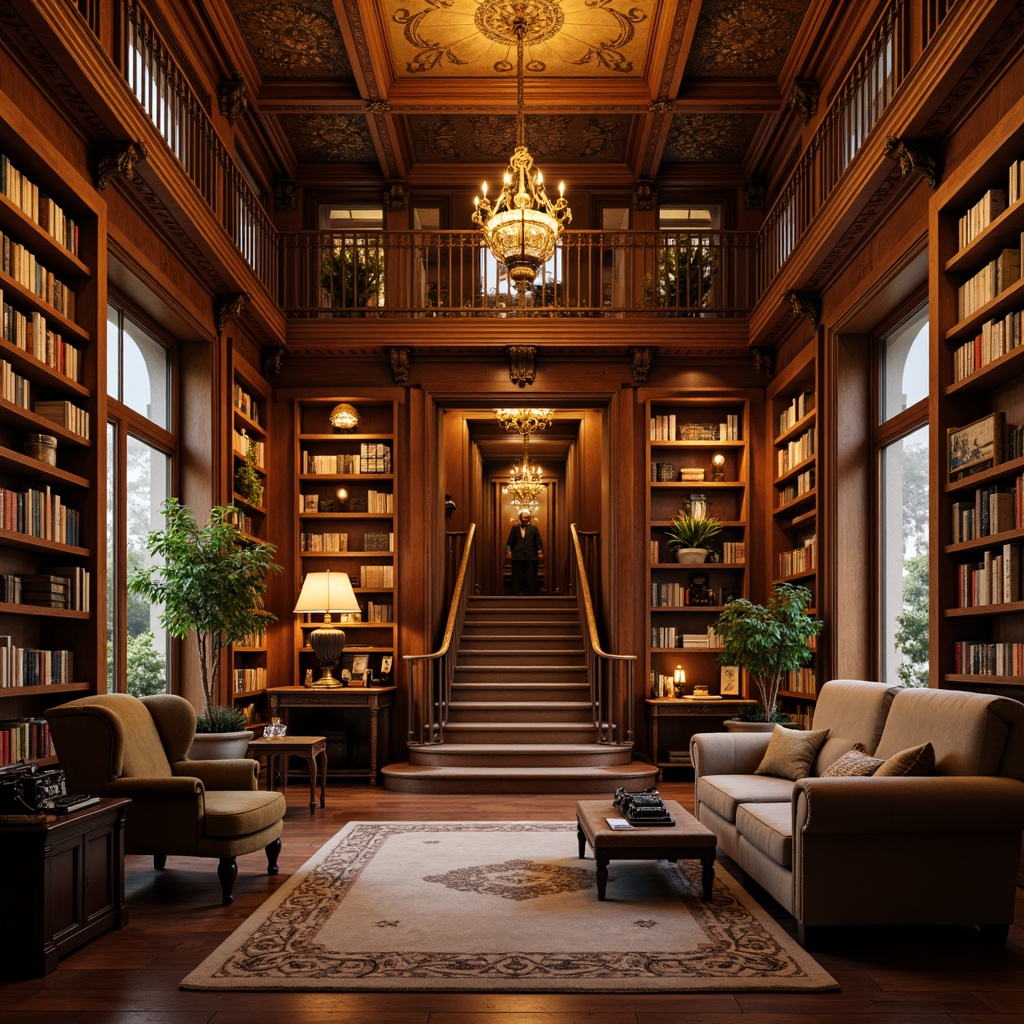 Prompt: Warm golden lighting, rich wood tones, ornate bookshelves, comfortable reading nooks, plush armchairs, vintage typewriters, classic novels, leather-bound tomes, elegant chandeliers, subtle warm glow, soft focus, shallow depth of field, 2/3 composition, atmospheric perspective, realistic textures, ambient occlusion, Renaissance-inspired architecture, grand entranceways, sweeping staircases, intricate moldings, ornate ceiling details.