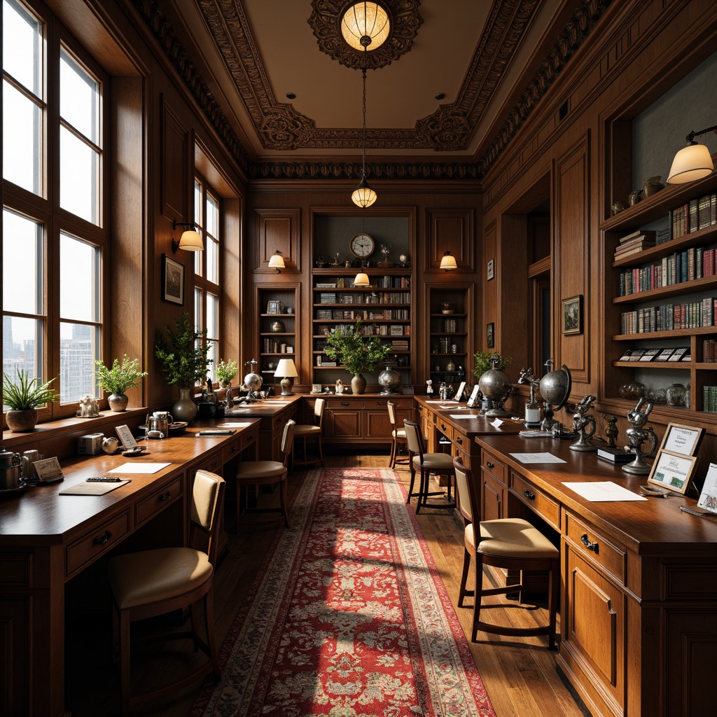 Prompt: Elegant laboratory, neoclassical furniture, ornate wooden desks, polished metal equipment, vintage microscopes, antique globes, leather-bound books, distressed wood accents, rich velvet fabrics, intricate carvings, ornamental moldings, warm golden lighting, soft focus, shallow depth of field, 1/2 composition, classic proportions, realistic textures, ambient occlusion.