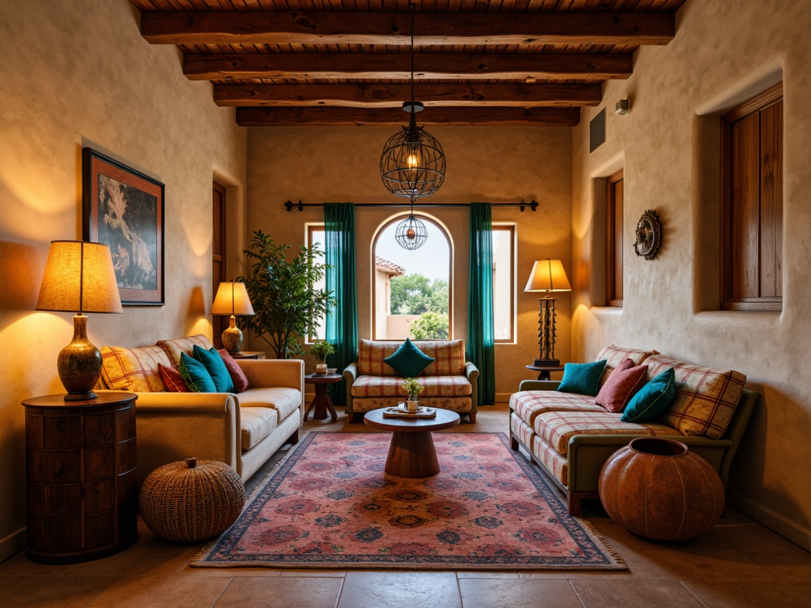 Prompt: Warm and inviting southwestern interior, earthy tones, natural textures, woven fibers, rustic wooden accents, vibrant turquoise and terracotta hues, soft warm lighting, table lamps with wicker shades, floor lamps with rattan details, candles in clay pots, pendant lights made of wrought iron, rustic metal chandeliers, cozy throw blankets, plush area rugs, Southwestern patterned upholstery, adobe-inspired architecture, stucco walls, arched windows, wooden ceiling beams, warm beige stonework, ambient occlusion, soft shadows, 1/2 composition, intimate atmosphere.