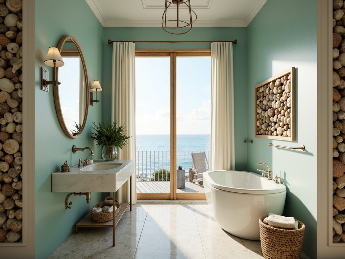 Prompt: Seaside powder room, soft ocean breeze, calming aqua hues, elegant curved lines, ornate shell accents, polished chrome fixtures, marble countertops, subtle beachy textures, natural woven fibers, driftwood decorative walls, serene coastal views, warm golden lighting, shallow depth of field, 1/1 composition, realistic reflections, ambient occlusion.