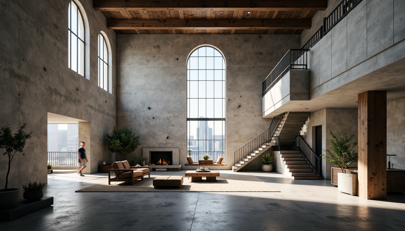 Prompt: Exposed concrete walls, raw brutalist architecture, industrial chic aesthetic, minimalist decor, abundant natural light, high ceilings, open floor plan, grand staircase, polished concrete floors, metal beams, reclaimed wood accents, oversized windows, cityscape views, moody atmospheric lighting, dramatic shadows, 1/1 composition, symmetrical framing, cinematic color grading, realistic textures, ambient occlusion.