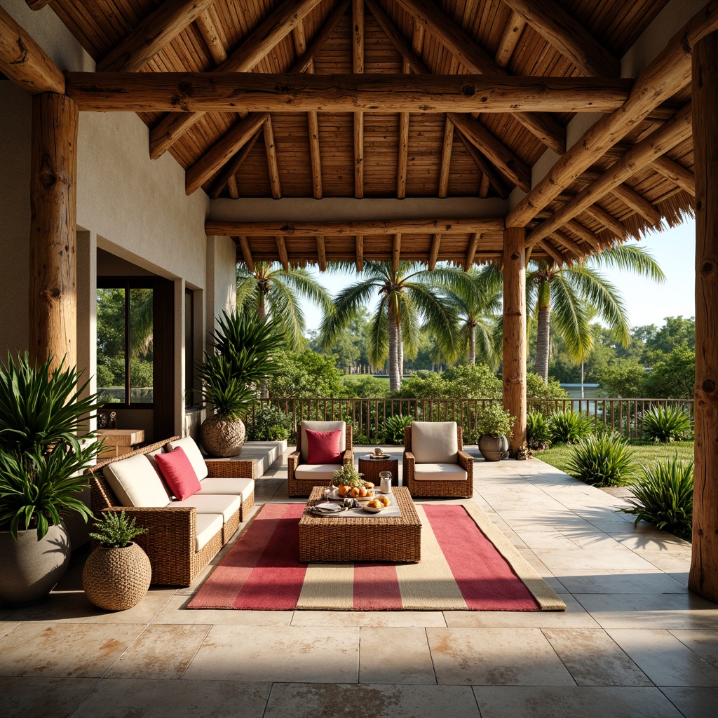 Prompt: Rustic farmhouse, tropical island setting, lush greenery, palm trees, wooden accents, natural stone floors, earthy color palette, open layout, high ceilings, large windows, sliding glass doors, cozy nooks, plush furniture, rattan decorations, vibrant colorful textiles, woven baskets, potted plants, sunny day, warm soft lighting, shallow depth of field, 1/1 composition, realistic textures, ambient occlusion.