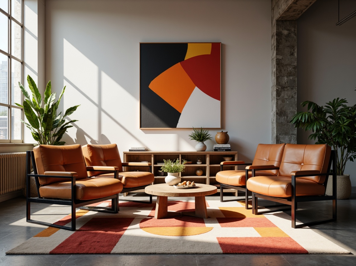 Prompt: Simple geometric shapes, tubular steel frames, rich leather upholstery, bold primary colors, functional minimalism, industrial materials, sleek lines, adjustable armrests, cantilevered chairs, geometric patterned rugs, abstract artwork, modern urban loft, natural light pouring in, 1/1 composition, soft warm lighting, subtle shadows, realistic textures, ambient occlusion.