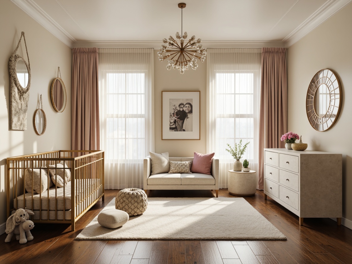 Prompt: Luxurious baby nursery, Art Deco inspired furniture, ornate crib, geometric patterns, metallic accents, velvet upholstery, circular motifs, soft pastel colors, elegant chandelier, plush area rug, wooden flooring, cream-colored walls, golden hardware, sophisticated ambiance, warm atmospheric lighting, 1/1 composition, shallow depth of field, realistic textures, subtle reflections.