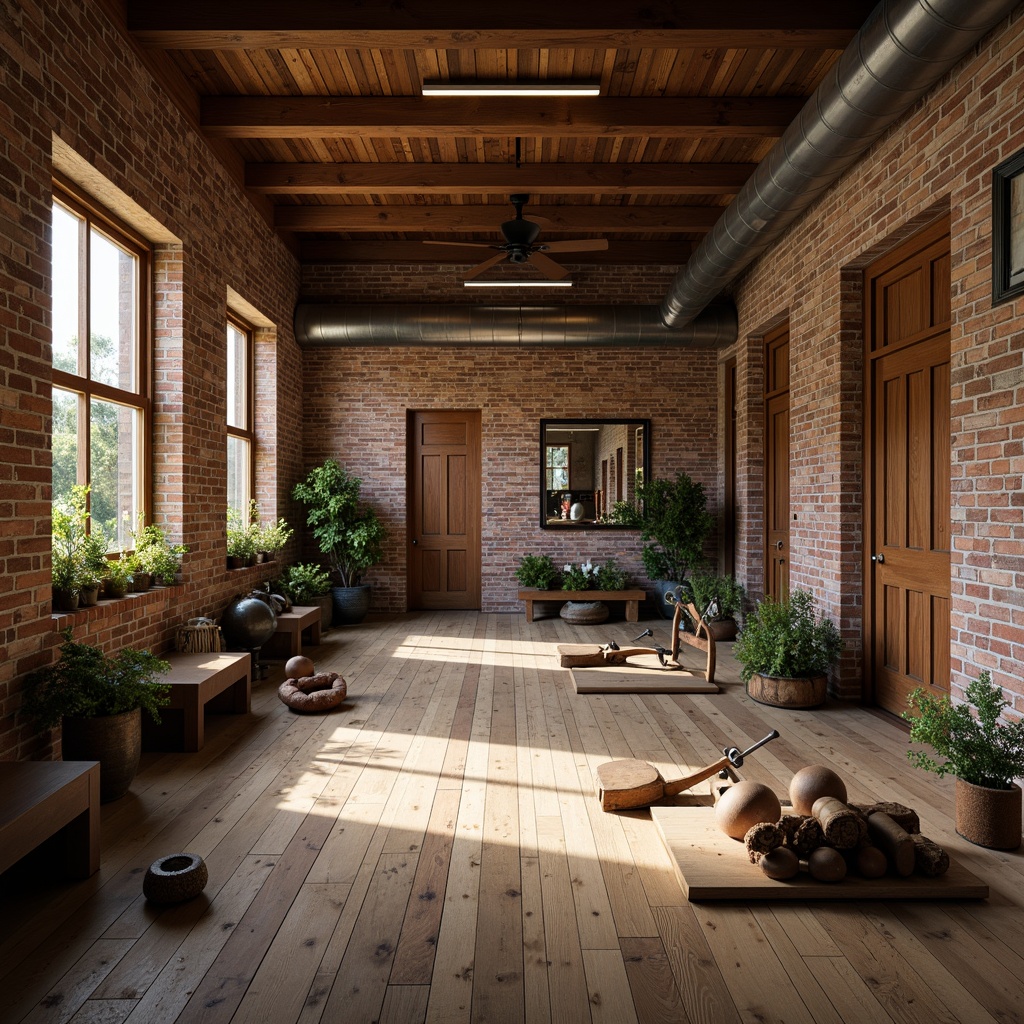 Prompt: Rustic home gym, wooden accent walls, reclaimed wood flooring, distressed brick finishes, industrial metal beams, vintage athletic equipment, antique fitness machines, earthy color palette, warm ambient lighting, soft natural textures, 1/2 composition, shallow depth of field, realistic renderings.