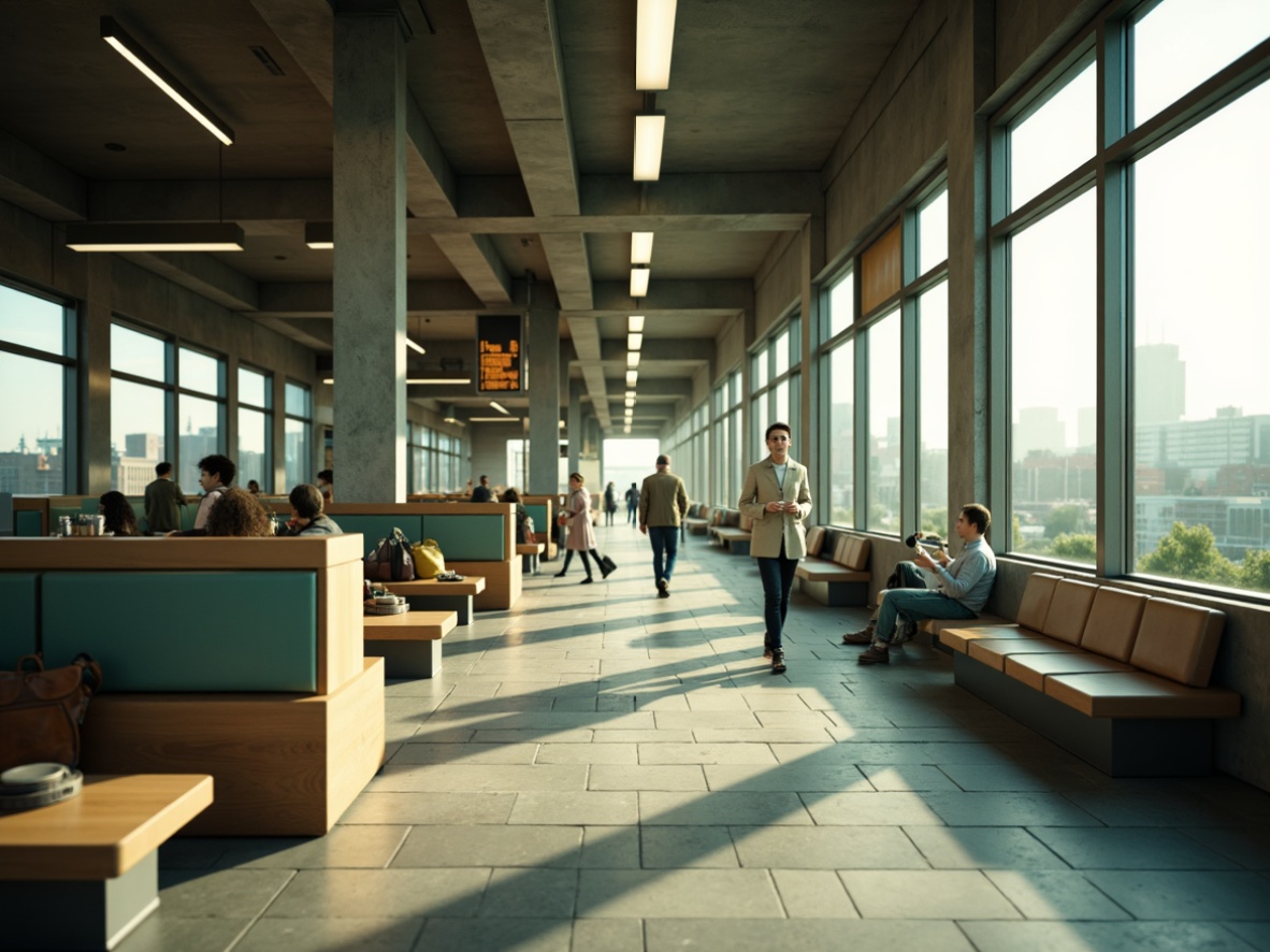 Prompt: Serene train station interior, soft celadon color palette, calming atmosphere, natural stone floors, wooden accents, subtle metallic details, sleek modern furniture, comfortable seating areas, gentle warm lighting, shallow depth of field, 1/1 composition, realistic textures, ambient occlusion, urban landscape views, cityscape outside windows, busy passenger traffic, morning rush hour scene, soft focus background, muted color tones.