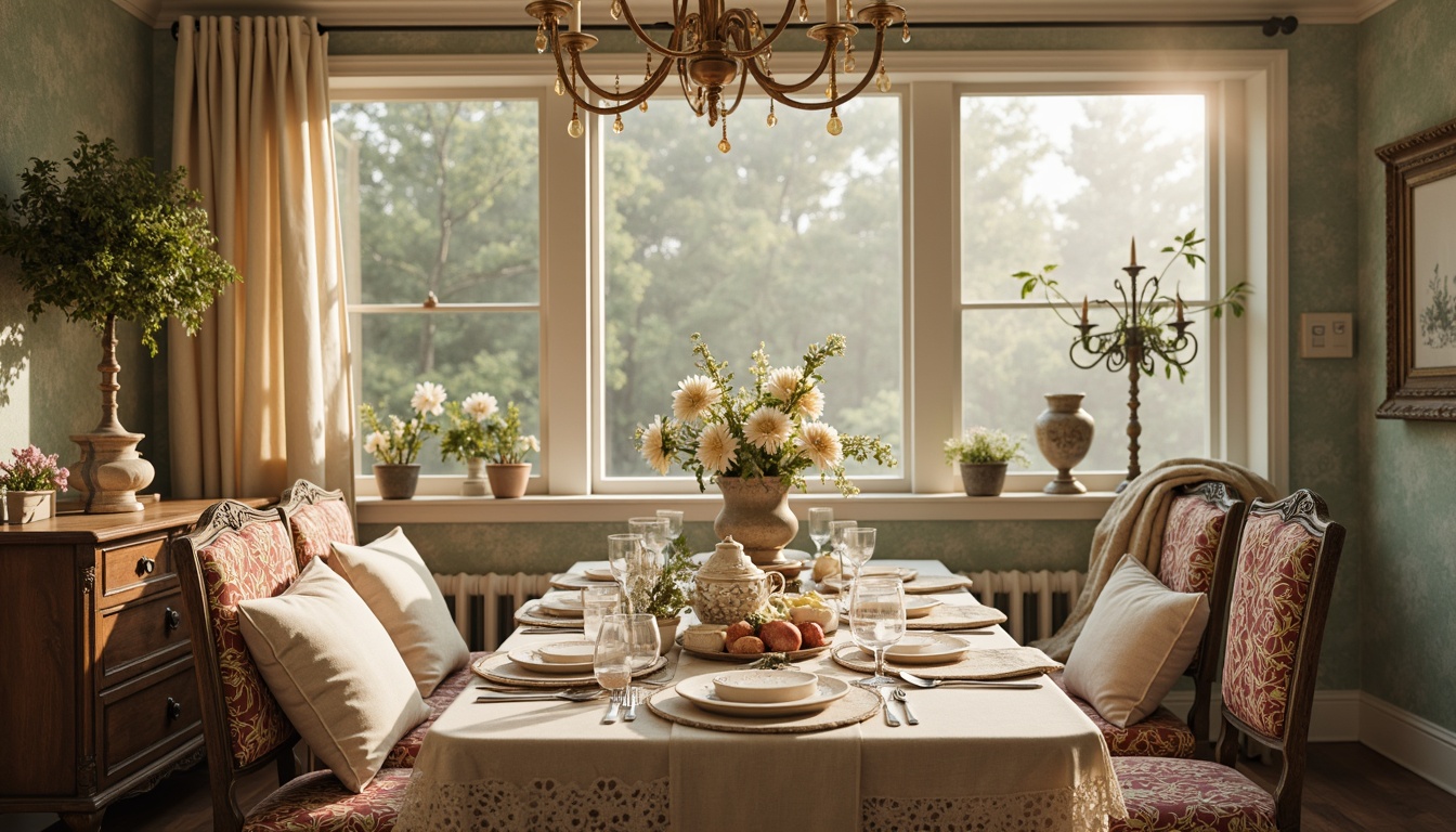 Prompt: Vintage-inspired fabrics, distressed finishes, soft pastel hues, lace trimmings, floral patterns, linen textiles, natural fiber materials, subtle sheen, gentle texture, ornate details, antique furniture, worn wood accents, rustic metalwork, elegant candelabras, warm candlelight, soft focus, shallow depth of field, 1/2 composition, romantic ambiance.