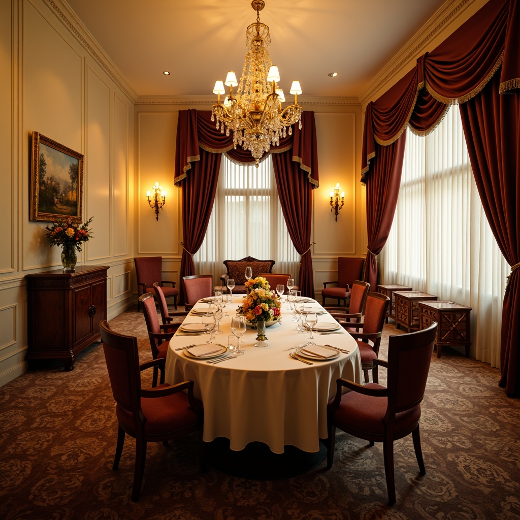 Prompt: Elegant traditional dining room, ornate chandeliers, warm golden lighting, crystal droplets, classic candlesticks, soft cream-colored walls, rich wood furniture, velvet drapes, luxurious fabrics, formal table setting, fine china, sparkling glassware, delicate flower arrangements, subtle aromas, intimate ambiance, dramatic ceiling heights, symmetrical composition, warm color palette, softbox lighting, decorative sconces, bronze accents.