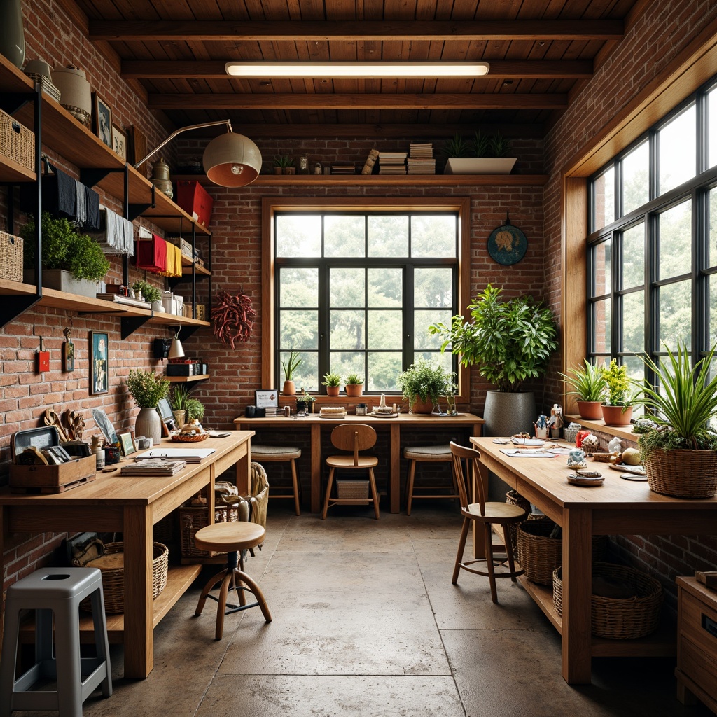 Prompt: Cozy craft room, wooden workbenches, eclectic art supplies, warm task lighting, soft overhead lighting, rustic wood accents, industrial metal shelves, vibrant colorful fabrics, natural textiles, woven baskets, earthy tone walls, large windows, diffused daylight, gentle shadows, 1/1 composition, intimate atmosphere, realistic textures, subtle ambient occlusion.