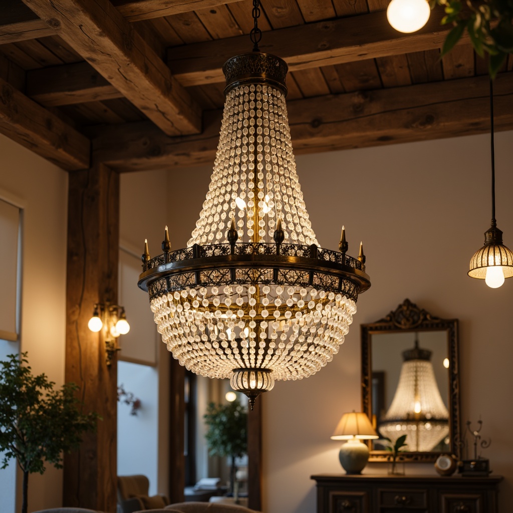 Prompt: Elegant chandeliers, ornate metalwork, crystal droplets, soft warm glow, rustic wooden accents, vintage industrial pendants, exposed bulbs, distressed finishes, earthy tones, natural textiles, woven baskets, linen shades, minimalist silhouettes, subtle ornamentation, creamy whites, weathered woods, organic shapes, ambient lighting, layered illumination, 1/1 composition, shallow depth of field, realistic textures.