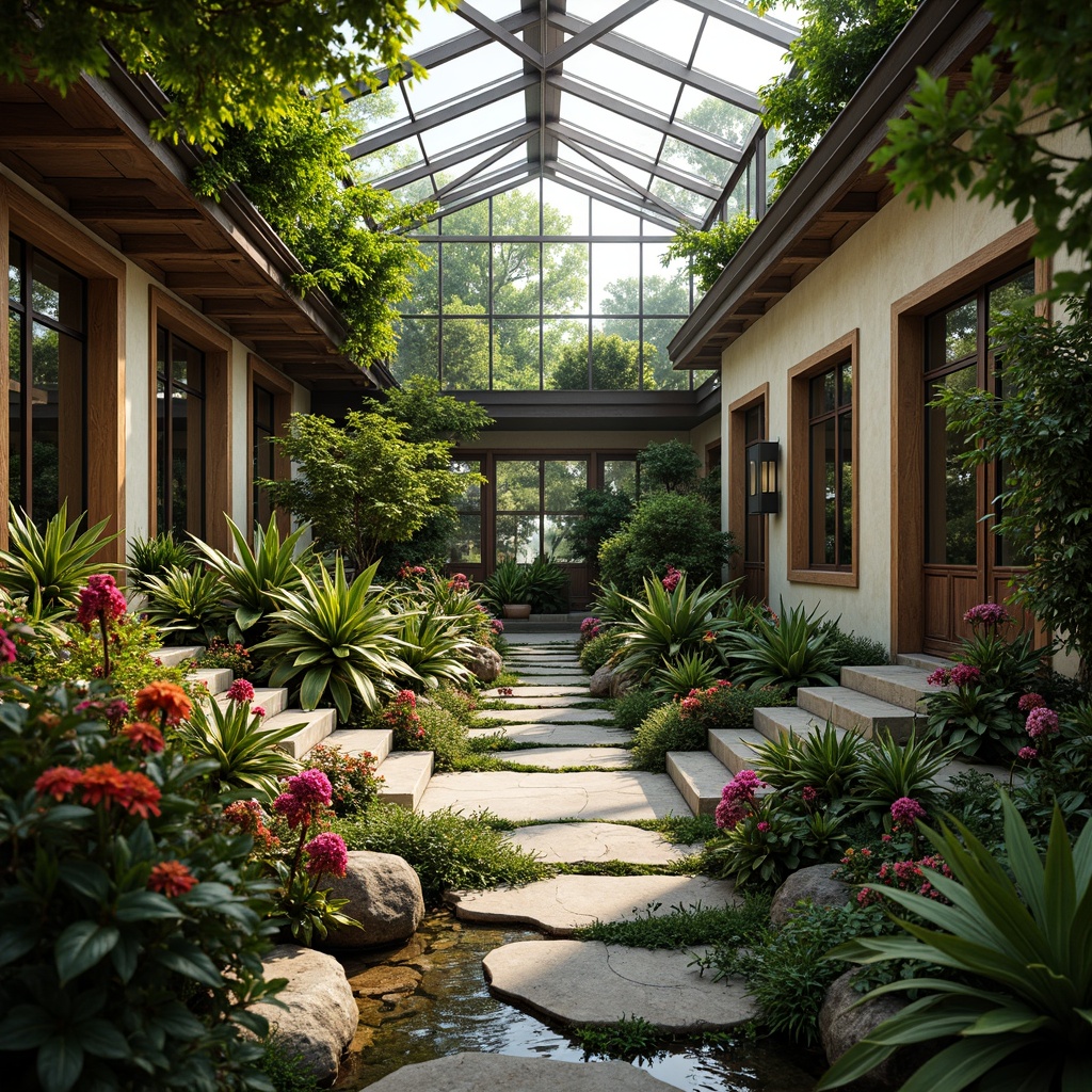 Prompt: Lush tropical plants, exotic flowers, natural stone pathways, wooden trellises, elegant iron gates, ornate glass doors, vibrant colorful accents, rustic metal frames, delicate lace curtains, soft warm lighting, shallow depth of field, 3/4 composition, panoramic view, realistic textures, ambient occlusion, serene atmosphere, peaceful ambiance, botanical garden-inspired decor, whimsical water features, meandering streams, small ponds, naturalistic landscaping, earthy tones, organic shapes, modern minimalist architecture, large windows, glass roofs, clerestory windows, abundant natural light.