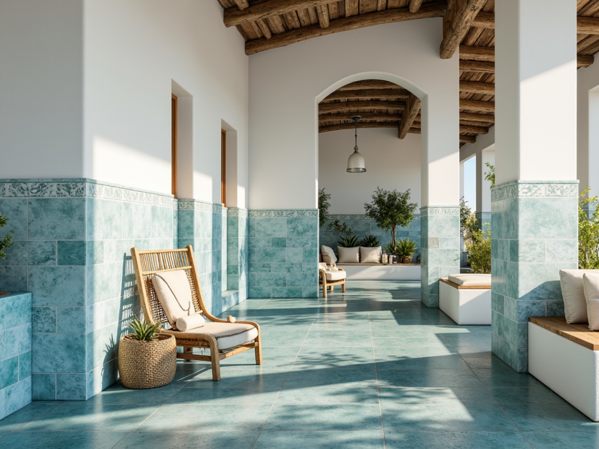 Prompt: Ceramic ocean-blue tiles, natural stone textures, driftwood accents, beachy vibe, coastal cottage feel, shiplap walls, whitewashed ceilings, nautical rope details, sea-salt color palette, soft warm lighting, 1/1 composition, intimate close-up shots, realistic reflections, subtle wave patterns.