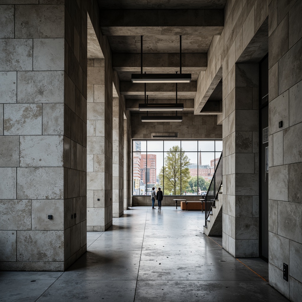 Prompt: Raw concrete walls, brutalist architecture, rugged stone textures, industrial metal beams, exposed ductwork, minimalist decor, functional design, institutional atmosphere, cold harsh lighting, high ceilings, narrow windows, urban surroundings, cityscape views, busy streets, modern urban life, 1/1 composition, high-contrast photography, dramatic shadows, realistic renderings.