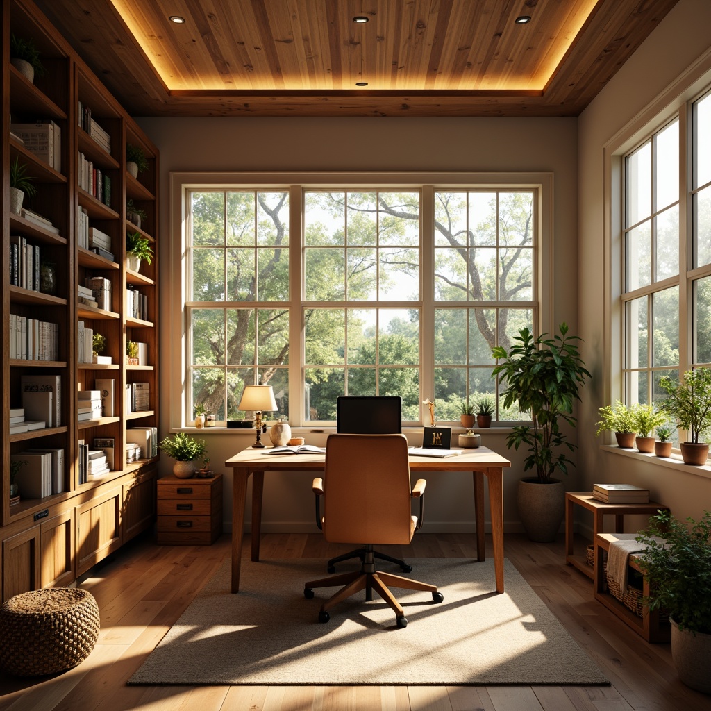 Prompt: Cozy home office, warm wooden desk, comfortable ergonomic chair, floor-to-ceiling bookshelves, soft warm lighting, table lamps, modern minimalist decor, neutral color palette, natural textures, woven baskets, potted plants, large windows, abundance of natural light, gentle sunbeams, subtle shadows, 1/2 composition, realistic rendering, atmospheric glow.