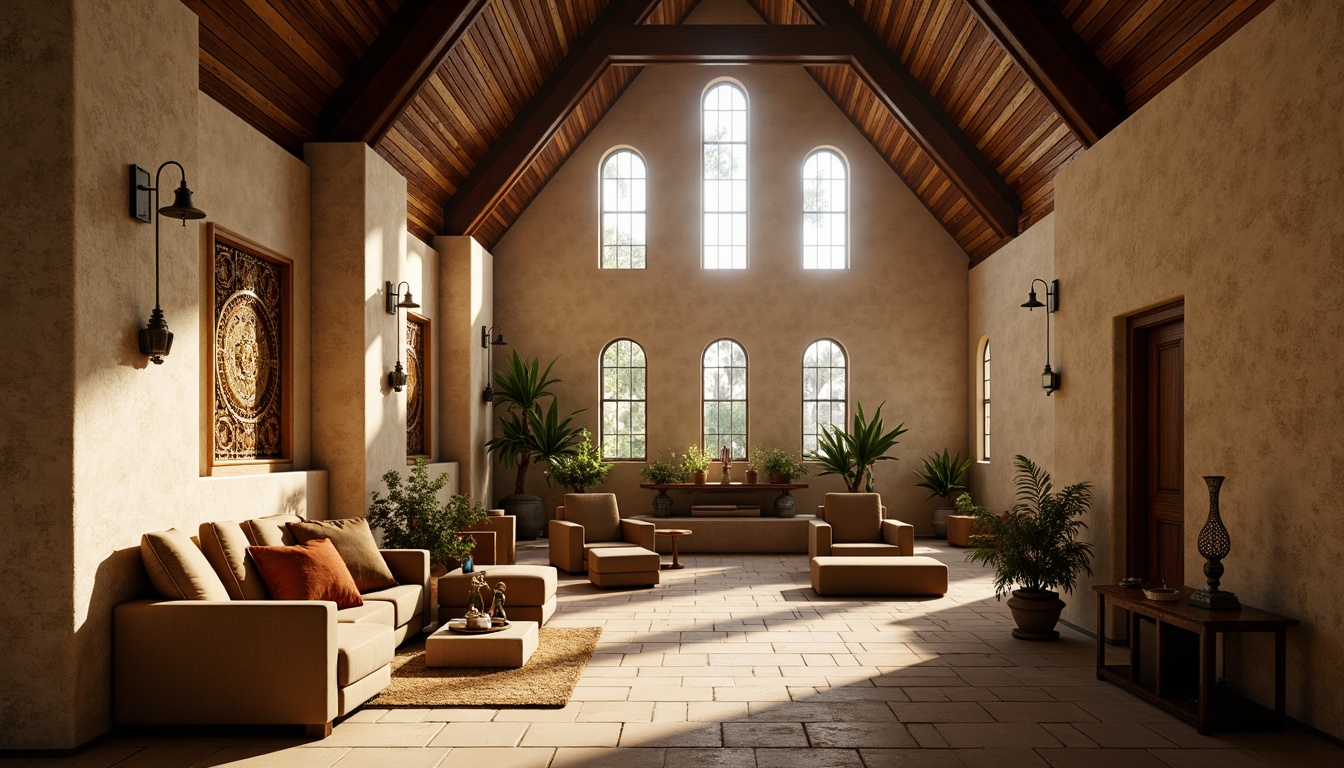 Prompt: Vaulted ceilings, stone walls, wooden accents, rustic textures, serene atmosphere, soft warm lighting, natural light pouring through clerestory windows, subtle shadows, warm beige tones, earthy color palette, traditional furnishings, ornate tapestries, intricate carvings, devotional symbols, peaceful ambiance, meditative spaces, warm candlelight, 3/4 composition, shallow depth of field, realistic textures, ambient occlusion.