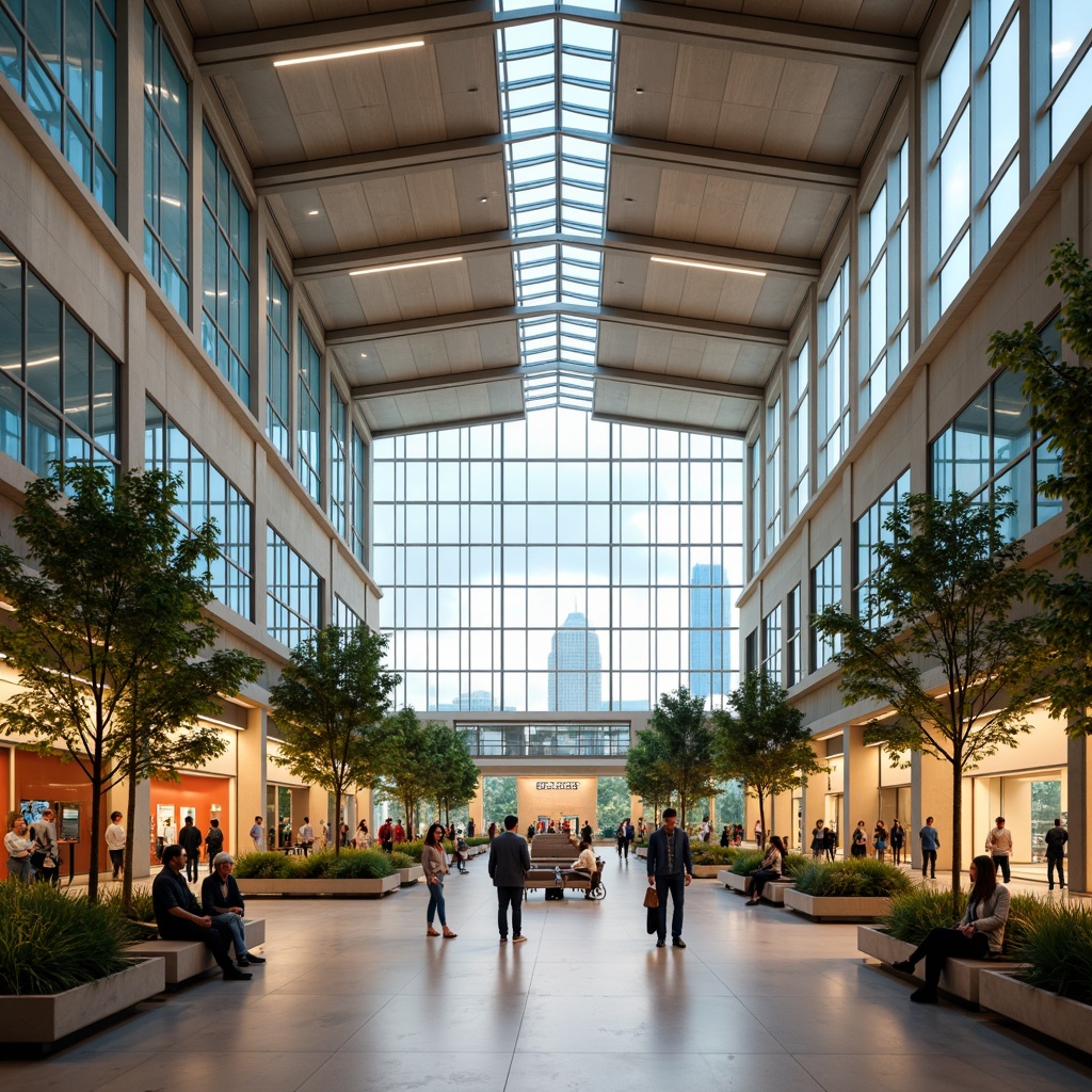 Prompt: Vibrant airport terminal, modern architectural design, sleek metal frames, large glass windows, soft warm lighting, natural stone flooring, neutral beige walls, calming blue accents, energizing orange hues, lush greenery, comfortable seating areas, minimalistic decor, functional wayfinding signage, bustling passenger traffic, airy open spaces, shallow depth of field, 3/4 composition, panoramic view, realistic textures, ambient occlusion.