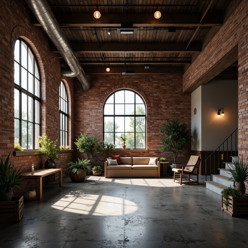 Prompt: Exposed brick walls, concrete floors, industrial metal beams, reclaimed wood accents, distressed finishes, urban loft atmosphere, vintage decorative lighting, minimalist color palette, raw textures, metallic tones, Edison bulbs, functional decor, open-plan layout, high ceilings, mechanical ductwork, polished concrete surfaces, rustic wooden crates, moody ambient lighting, dramatic shadows, cinematic composition.