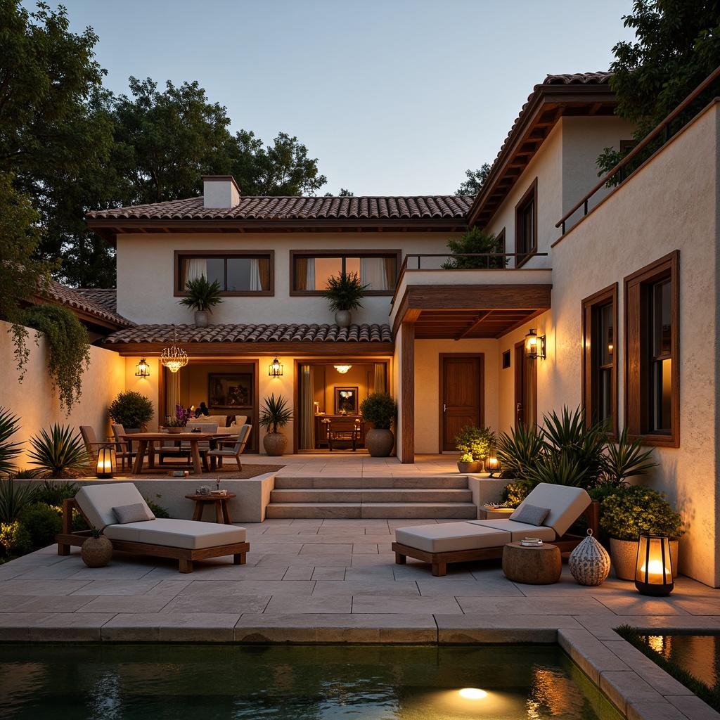 Prompt: Warm Mediterranean villa, rustic stone walls, terracotta roofs, lush greenery, wooden accents, ornate metalwork, distressed finishes, warm beige tones, soft golden lighting, pendant lanterns, wrought iron chandeliers, candle-like sconces, ambient pool lighting, twinkling string lights, sunset-inspired color palette, coastal breeze, rustic charm, elegant simplicity, 1/1 composition, shallow depth of field, realistic textures, subtle glow.