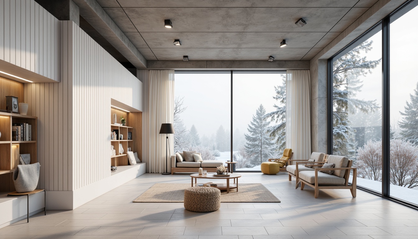 Prompt: Simple Nordic-style fa\u00e7ade, white wooden panels, large windows, minimal ornamentation, natural light-filled interior, pale wood flooring, cozy reading nooks, built-in shelving, functional minimalist furniture, soft pastel colors, airy open spaces, industrial-chic lighting fixtures, exposed concrete ceilings, rustic wooden accents, frosty winter mornings, overcast skies, subtle snowfall, shallow depth of field, 2/3 composition, realistic textures, ambient occlusion.