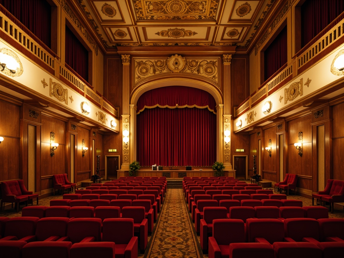 Prompt: Elegant theater interior, neoclassical architectural style, ornate moldings, gilded details, velvet curtains, plush seating, rich wood paneling, intricate carvings, acoustic panels, sound-absorbing materials, geometric patterns, warm golden lighting, shallow depth of field, 1/2 composition, symmetrical framing, realistic textures, ambient occlusion.