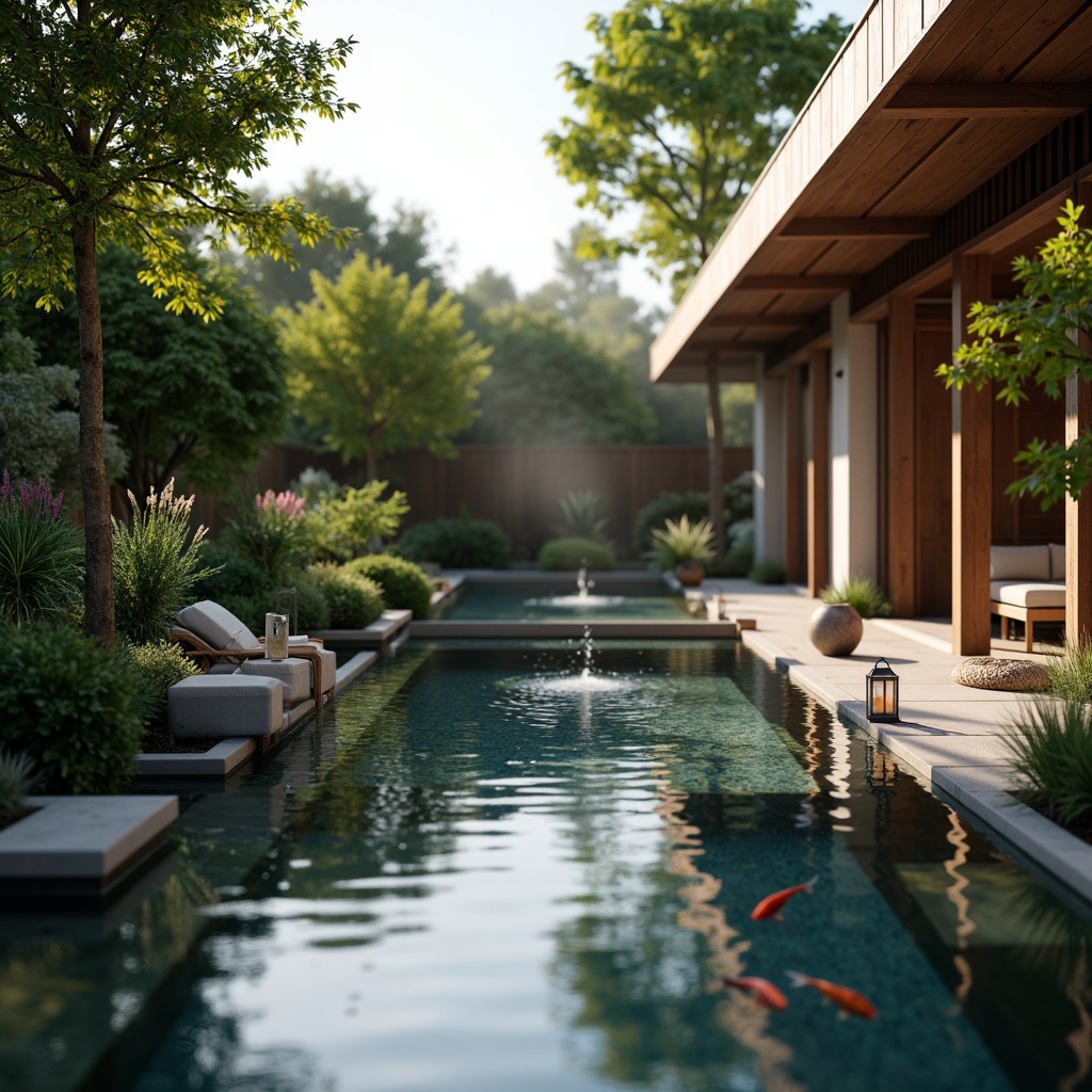 Prompt: Soothing Asian-style pool, serene water features, lush greenery surroundings, natural stone decking, wooden accents, subtle lantern lighting, warm ambient glow, soft shadows, peaceful atmosphere, tranquil water reflections, gentle ripples, misty morning scene, vibrant tropical plants, colorful koi fish, shallow depth of field, 1/2 composition, warm golden hour lighting, realistic water textures, ambient occlusion.